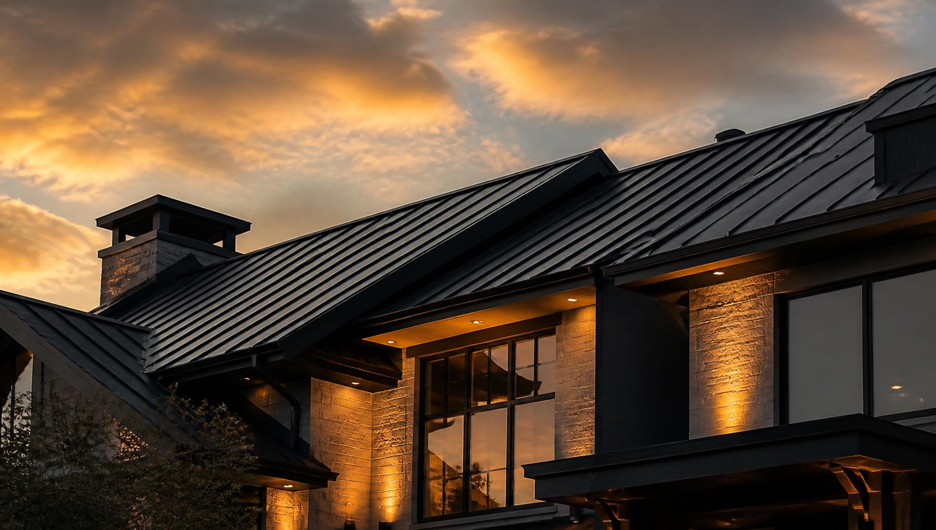 Luxury home with a dark standing seam metal roof at golden hour